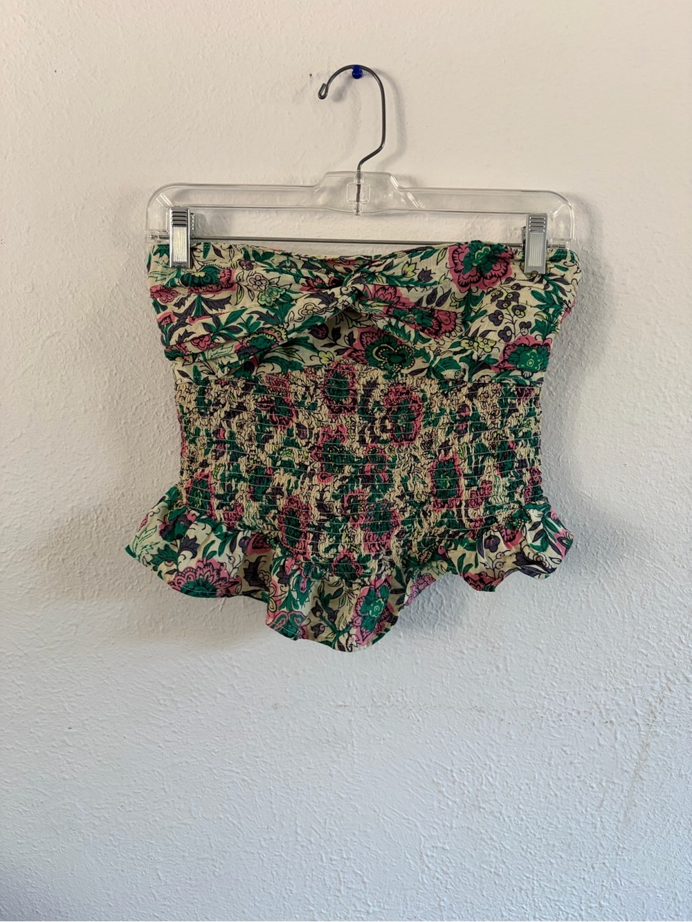 Free People Strapless Smocked Floral Top - Green & Pink